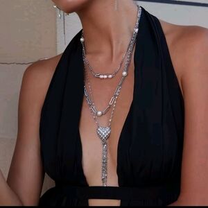 New Layered Silver Heart Pendant Tassel Stainless Steel Necklace NWOT